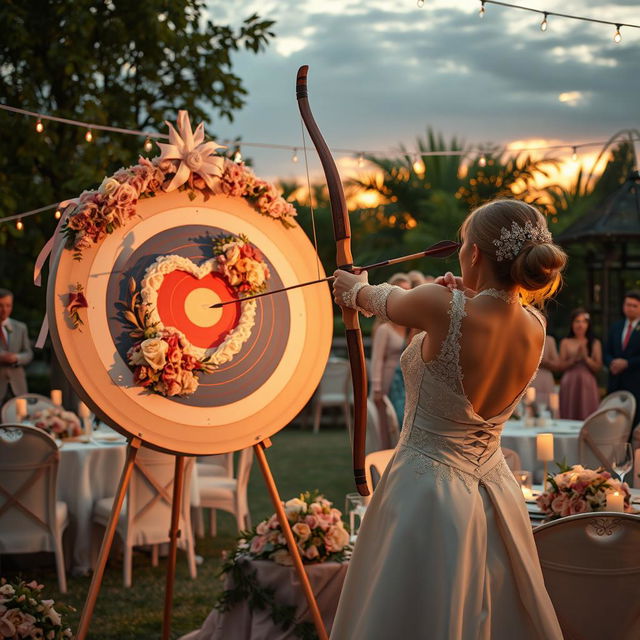 A stunning wedding scene set in Leninsk in 2025, where a romantic archery moment takes place