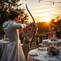 A stunning wedding scene set in Leninsk in 2025, where a romantic archery moment takes place