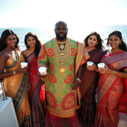 An African man dressed in vibrant traditional attire, adorned with numerous shining gold chains, stands confidently on a luxurious yacht