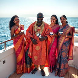An African man dressed in vibrant traditional attire, adorned with numerous shining gold chains, stands confidently on a luxurious yacht