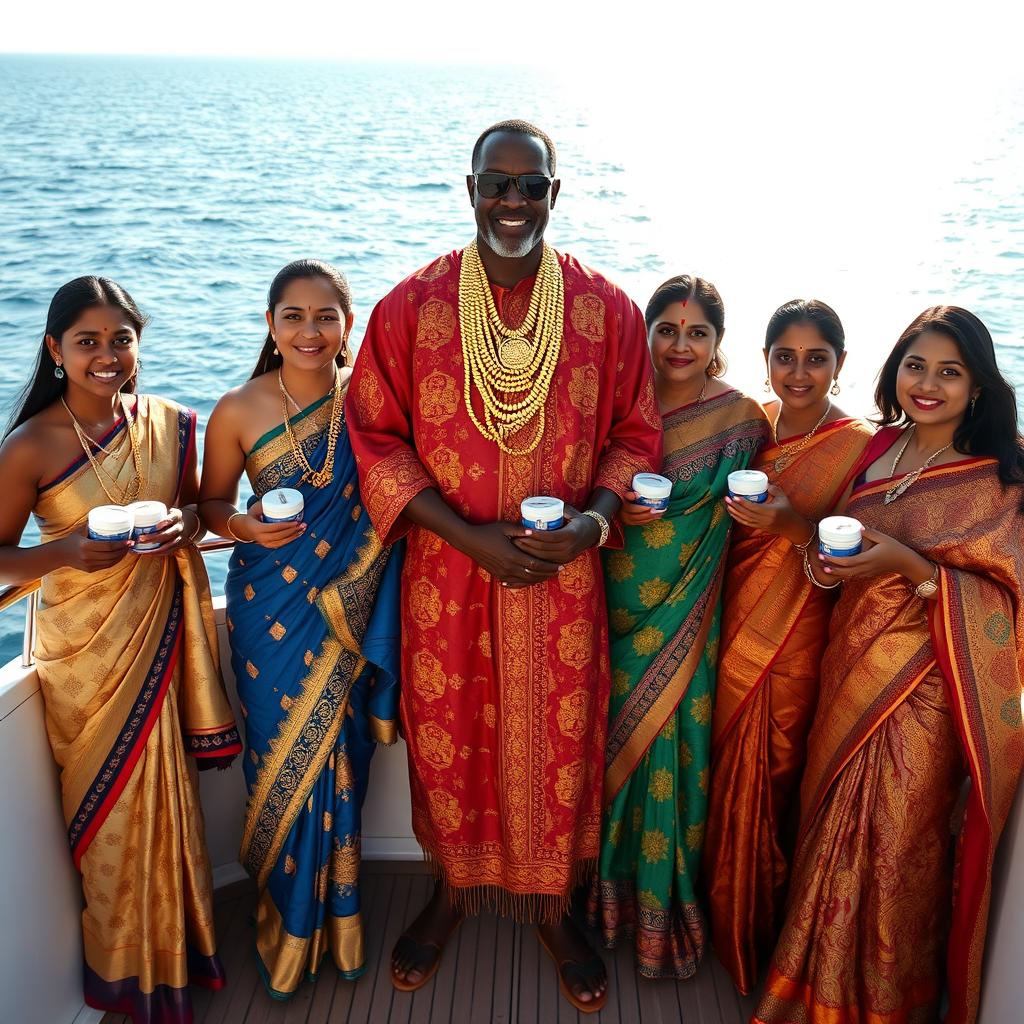 An African man dressed in vibrant traditional attire, adorned with numerous shining gold chains, stands confidently on a luxurious yacht