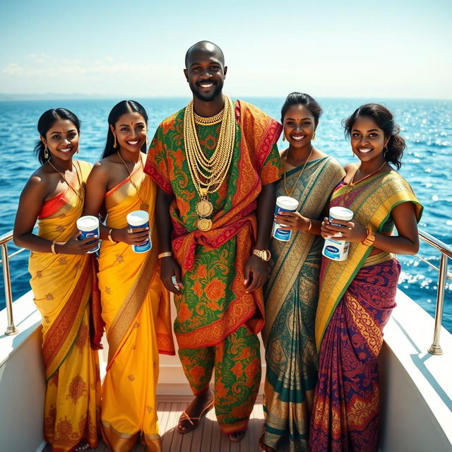 An African man dressed in vibrant traditional attire, adorned with numerous shining gold chains, stands confidently on a luxurious yacht