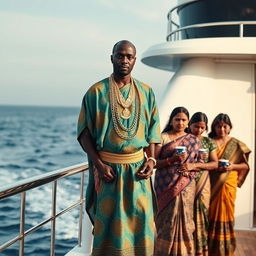 An African man dressed in vibrant traditional attire, adorned with numerous shining gold chains, stands solemnly on a luxurious yacht