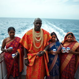 An African man dressed in vibrant traditional attire, adorned with numerous shining gold chains, stands solemnly on a luxurious yacht