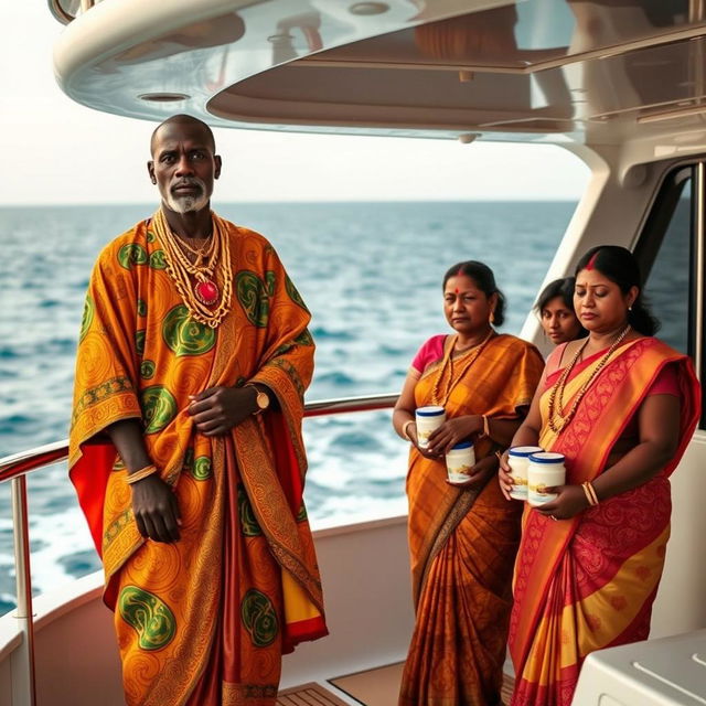 An African man dressed in vibrant traditional attire, adorned with numerous shining gold chains, stands solemnly on a luxurious yacht