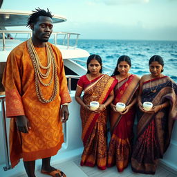 An African man dressed in vibrant traditional attire, adorned with numerous shining gold chains, stands solemnly on a luxurious yacht