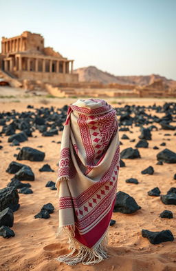 A Jordanian shemagh elegantly draped in the foreground, set against a dramatic desert landscape