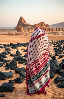 A Jordanian shemagh elegantly draped in the foreground, set against a dramatic desert landscape