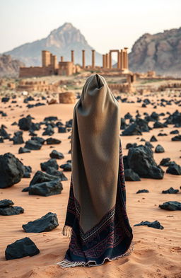 A Jordanian shemagh elegantly draped in the foreground, set against a dramatic desert landscape