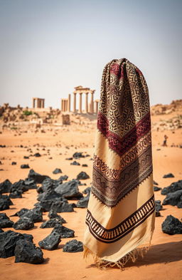 A Jordanian shemagh elegantly draped in the foreground, set against a dramatic desert landscape