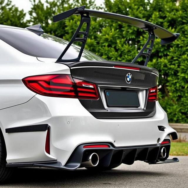 A sleek and aggressive BMW M5, featuring a prominent carbon fiber rear spoiler and quad exhausts, parked against a lush green background