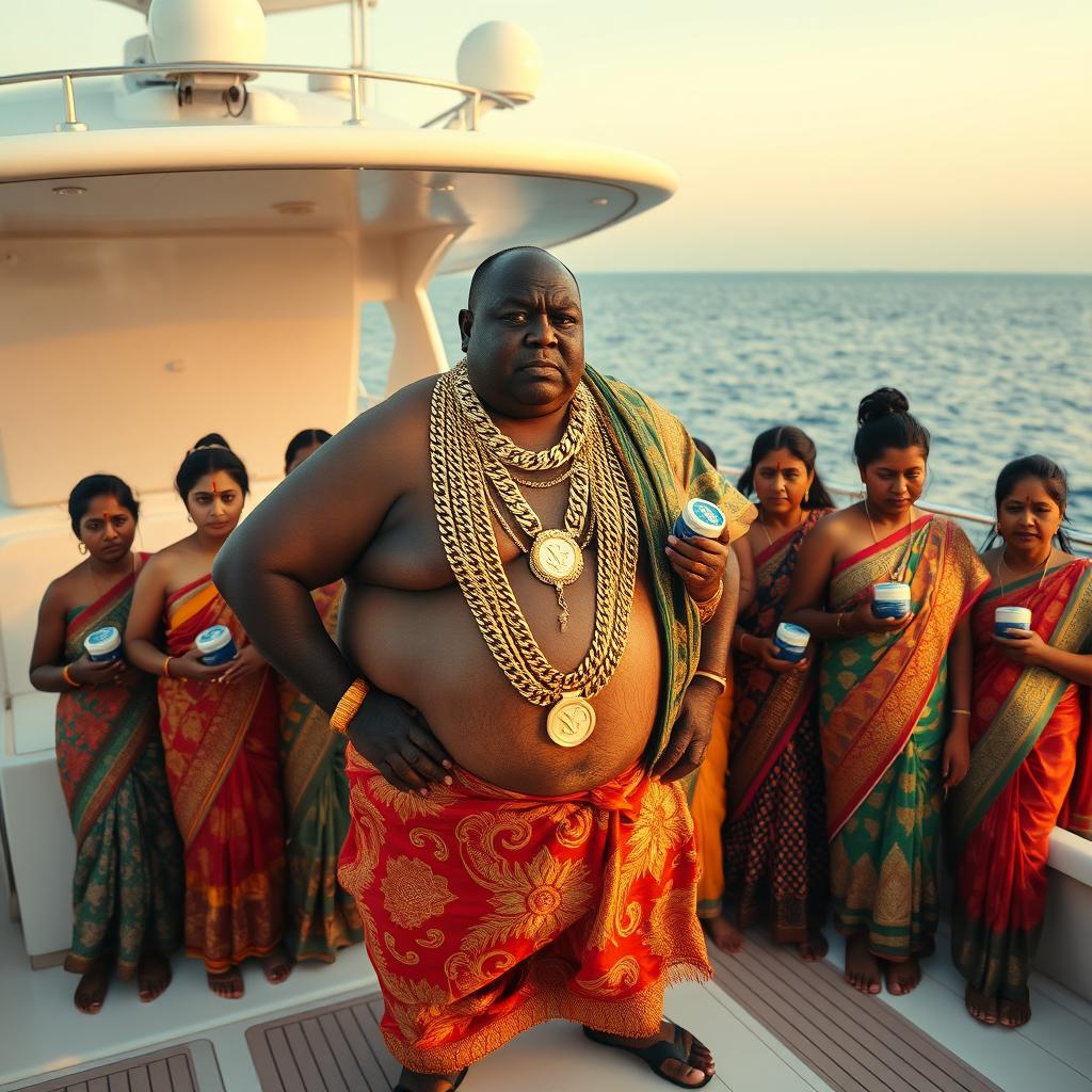 An angry fat African man in vibrant traditional attire, adorned with numerous glittering gold chains, stands on a luxurious yacht