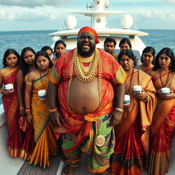 An angry fat African man in vibrant traditional attire, adorned with numerous glittering gold chains, stands on a luxurious yacht