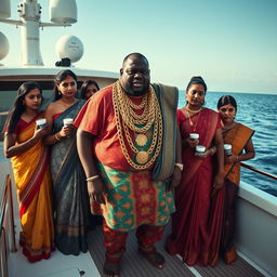 An angry fat African man in vibrant traditional attire, adorned with numerous glittering gold chains, stands on a luxurious yacht