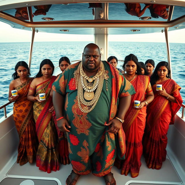 An angry fat African man in vibrant traditional attire, adorned with numerous glittering gold chains, stands on a luxurious yacht