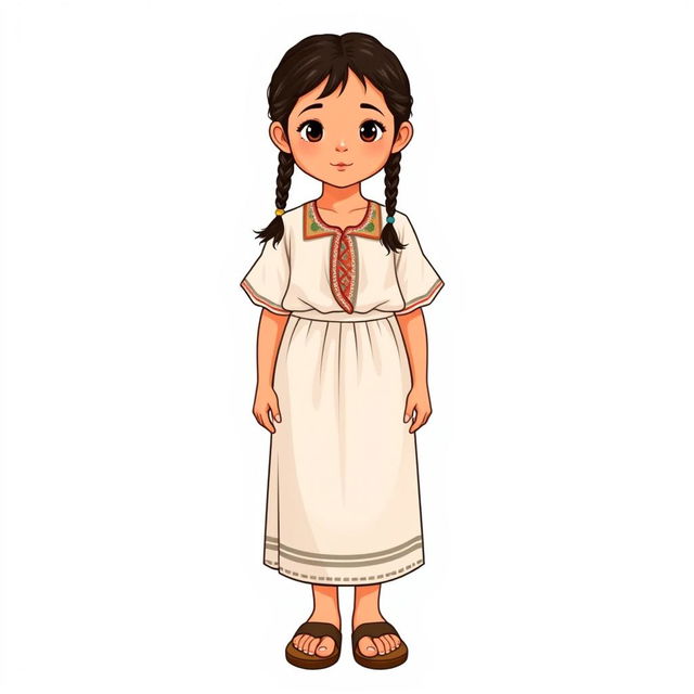 Illustration of a young girl standing facing forward with a realistic face, in a full body view, wearing sandals