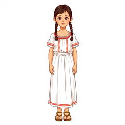 Illustration of a young girl standing facing forward with a realistic face, in a full body view, wearing sandals