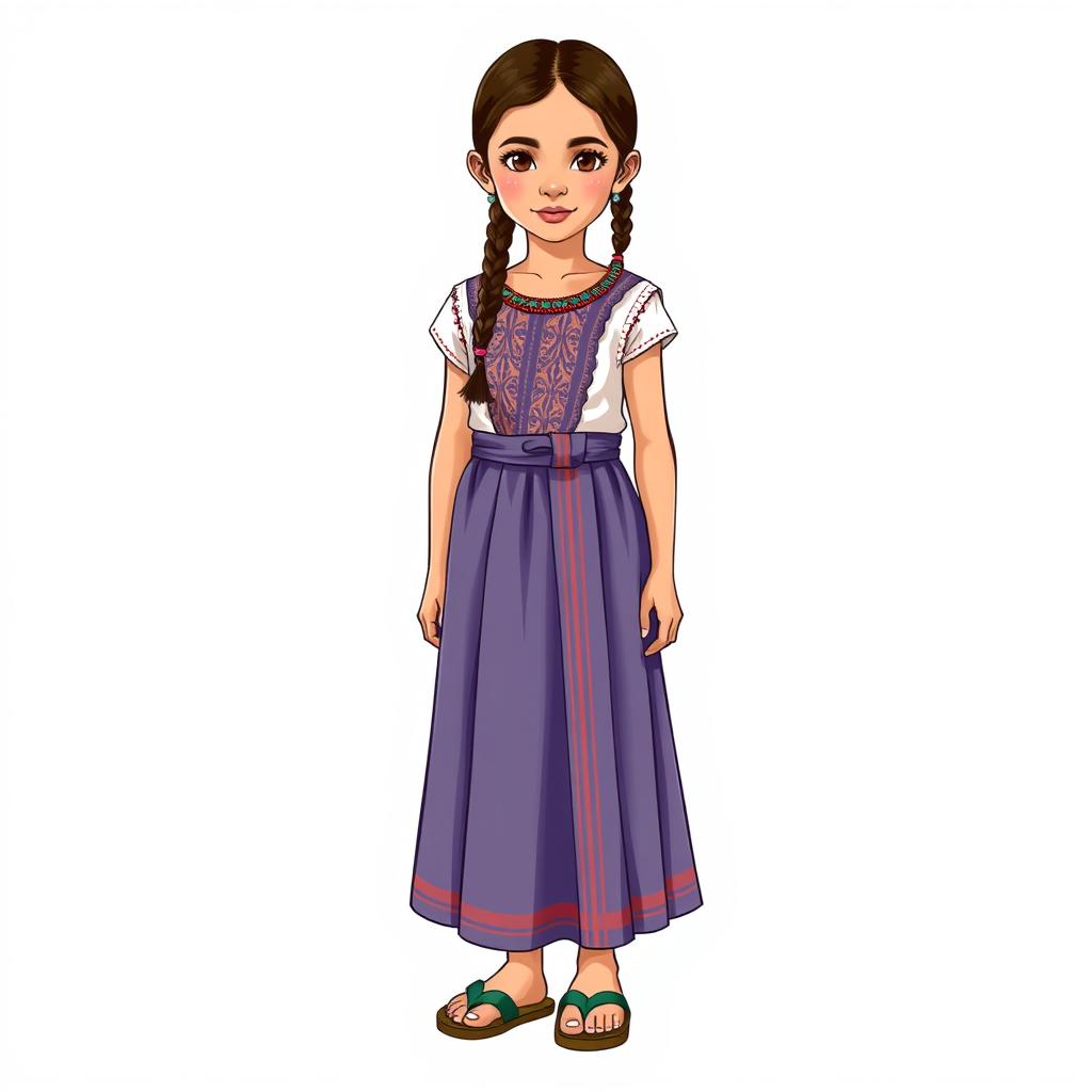 Illustration of a young girl standing facing forward with a realistic face, in a full body view, wearing sandals