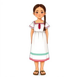 Illustration of a young girl standing facing forward with a realistic face, in a full body view, wearing sandals