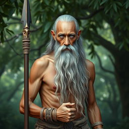 A fantasy monk with tanned skin, depicted as an old man with a very long grey beard