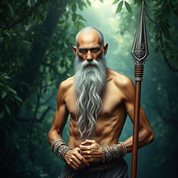 A fantasy monk with tanned skin, depicted as an old man with a very long grey beard