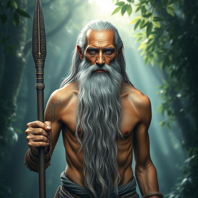 A fantasy monk with tanned skin, depicted as an old man with a very long grey beard