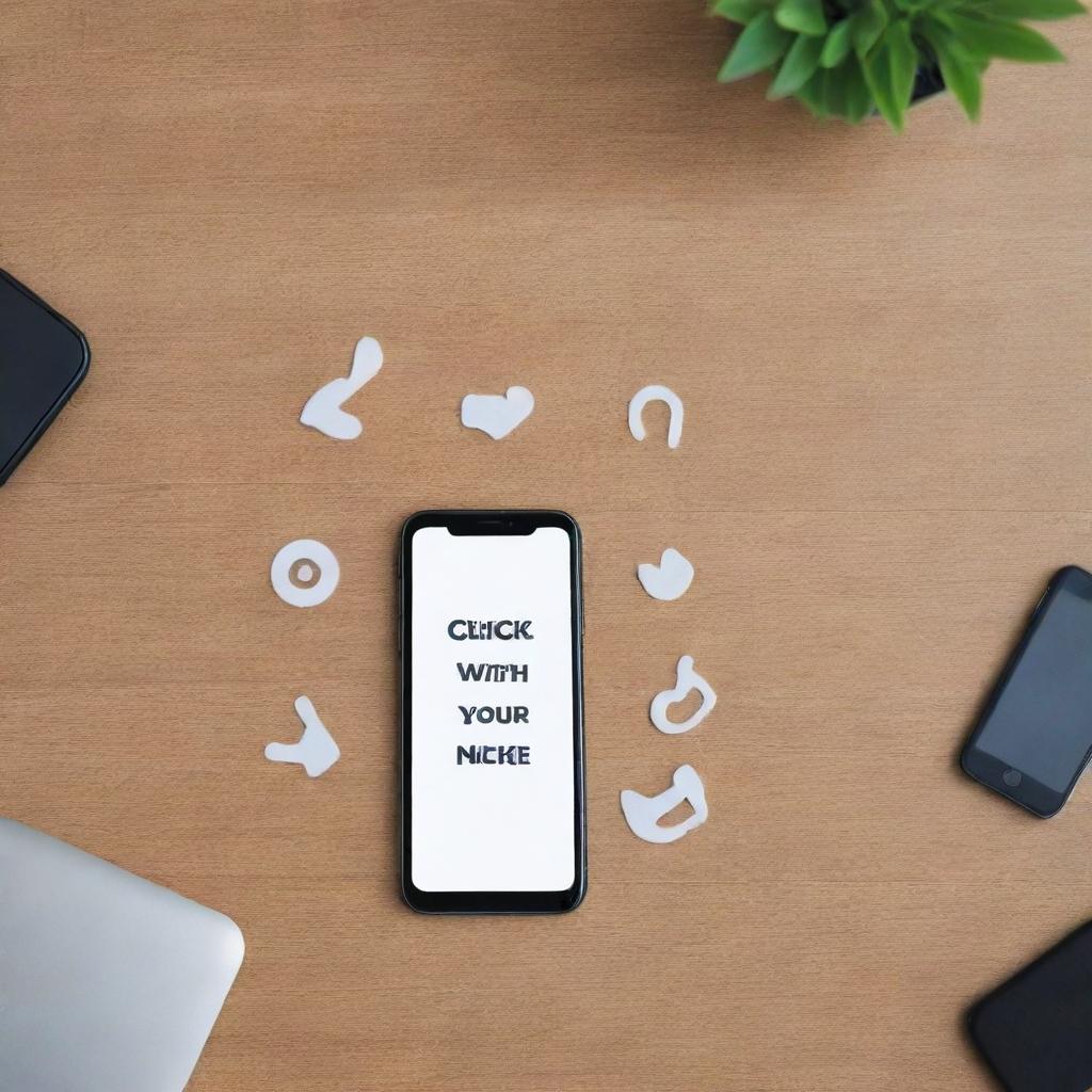 Design an image featuring a phone lying on the floor with the slogan 'Click with care, stay aware' hovering above it, and social media icons surrounding it.