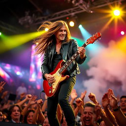 A dynamic rock star performing on stage, with brilliant stage lights illuminating their charismatic presence