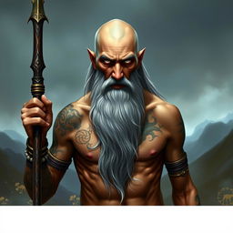 A fantasy monk with tanned skin, depicted as an old man with a bald head and a very long grey beard