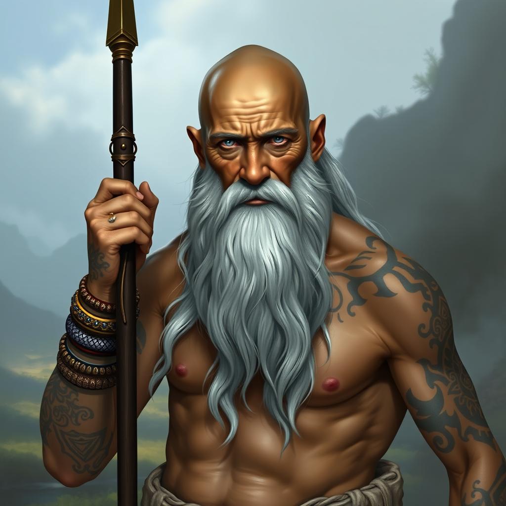 A fantasy monk with tanned skin, depicted as an old man with a bald head and a very long grey beard