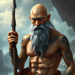 A fantasy monk with tanned skin, depicted as an old man with a bald head and a very long grey beard