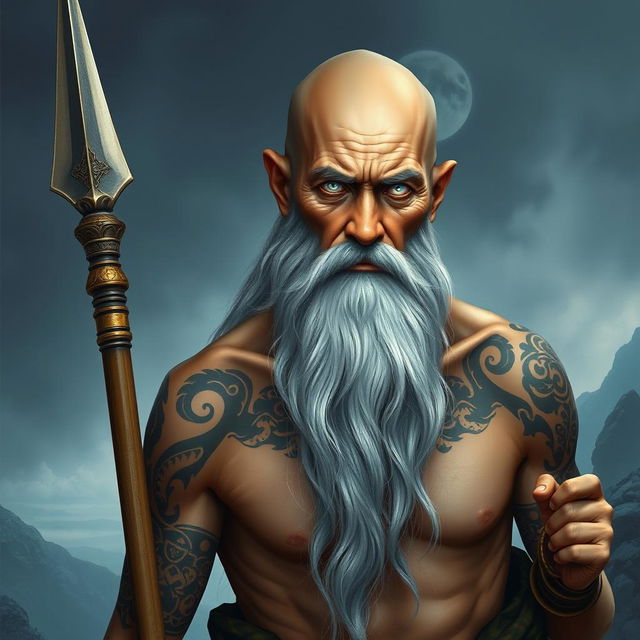 A fantasy monk with tanned skin, depicted as an old man with a bald head and a very long grey beard