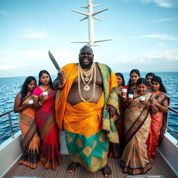 An angry fat African man in vibrant traditional attire, adorned with numerous glittering gold chains, stands assertively on a luxurious yacht, holding a knife in one hand