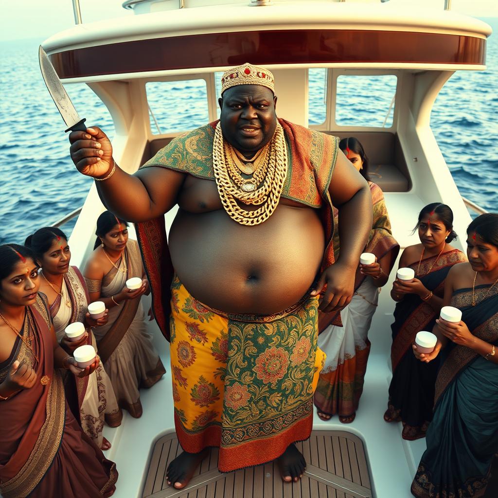 An angry fat African man in vibrant traditional attire, adorned with numerous glittering gold chains, stands assertively on a luxurious yacht, holding a knife in one hand