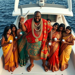 An angry fat African man in vibrant traditional attire, adorned with numerous glittering gold chains, stands assertively on a luxurious yacht, holding a knife in one hand