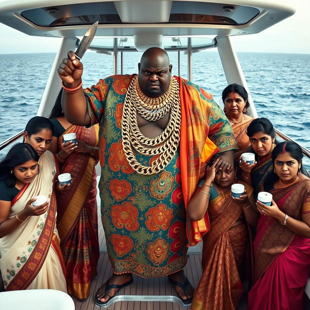 An angry fat African man in vibrant traditional attire, adorned with numerous glittering gold chains, stands assertively on a luxurious yacht, holding a knife in one hand