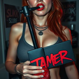 A close-up torso shot of a sexy female redhead wearing a tank top adorned with punk chains