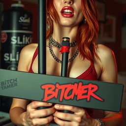 A close-up torso shot of a sexy female redhead wearing a tank top adorned with punk chains