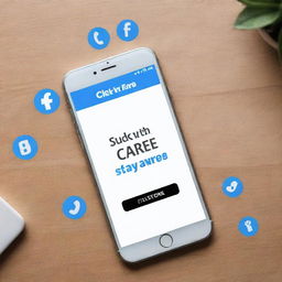 Design an image featuring a phone lying on the floor with the slogan 'Click with care, stay aware' hovering above it, and social media icons surrounding it.