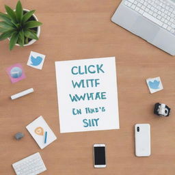 Create a drawing featuring the slogan 'Click with care, stay aware'. In the design, include a phone lying on the floor with the slogan prominently displayed atop it. Add social media icons arranged flanking either side of the central imagery.