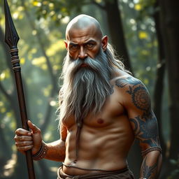 A fantasy monk with tanned skin, an old man who is bald with a very long grey beard