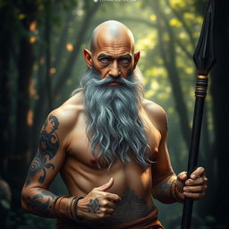 A fantasy monk with tanned skin, an old man who is bald with a very long grey beard