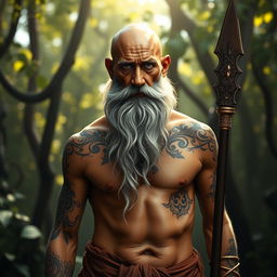 A fantasy monk with tanned skin, an old man who is bald with a very long grey beard