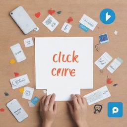 Create a drawing featuring the slogan 'Click with care, stay aware'. In the design, include a phone lying on the floor with the slogan prominently displayed atop it. Add social media icons arranged flanking either side of the central imagery.