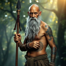 A fantasy monk with tanned skin, an old man who is bald with a very long grey beard