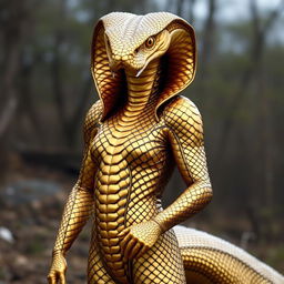A life-sized costume of a golden cobra, featuring intricate scales and a glossy, metallic sheen