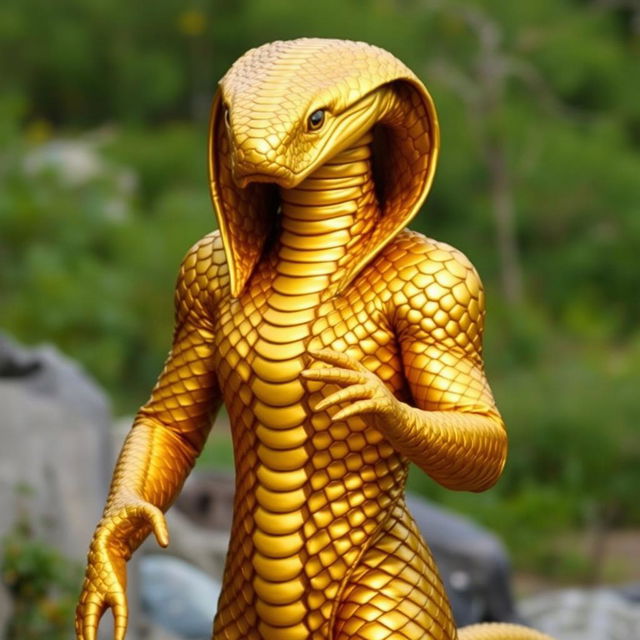 A life-sized costume of a golden cobra, featuring intricate scales and a glossy, metallic sheen