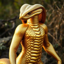 A life-sized costume of a golden cobra, featuring intricate scales and a glossy, metallic sheen