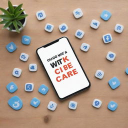 Create a drawing featuring the slogan 'Click with care, stay aware'. In the design, include a phone lying on the floor with the slogan prominently displayed atop it. Add social media icons arranged flanking either side of the central imagery.