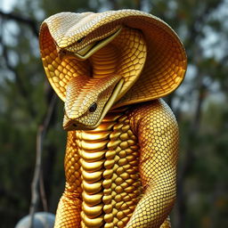 A life-sized costume of a golden cobra, featuring intricate scales and a glossy, metallic sheen